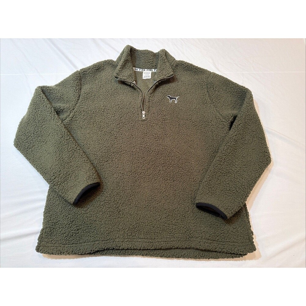 Victoria’s Secret Pink XS Sherpa Fleece Sweater Pullover Green Quarter Zip
